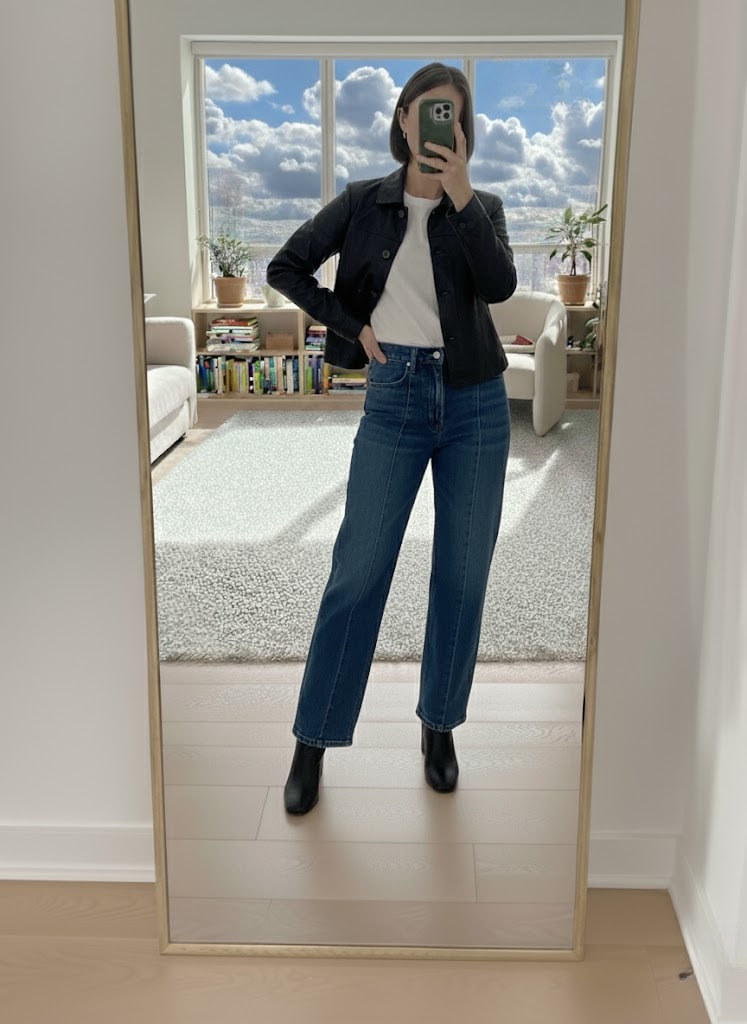 Crisp white tee, structured black jacket, straight-leg jeans with ankle boots