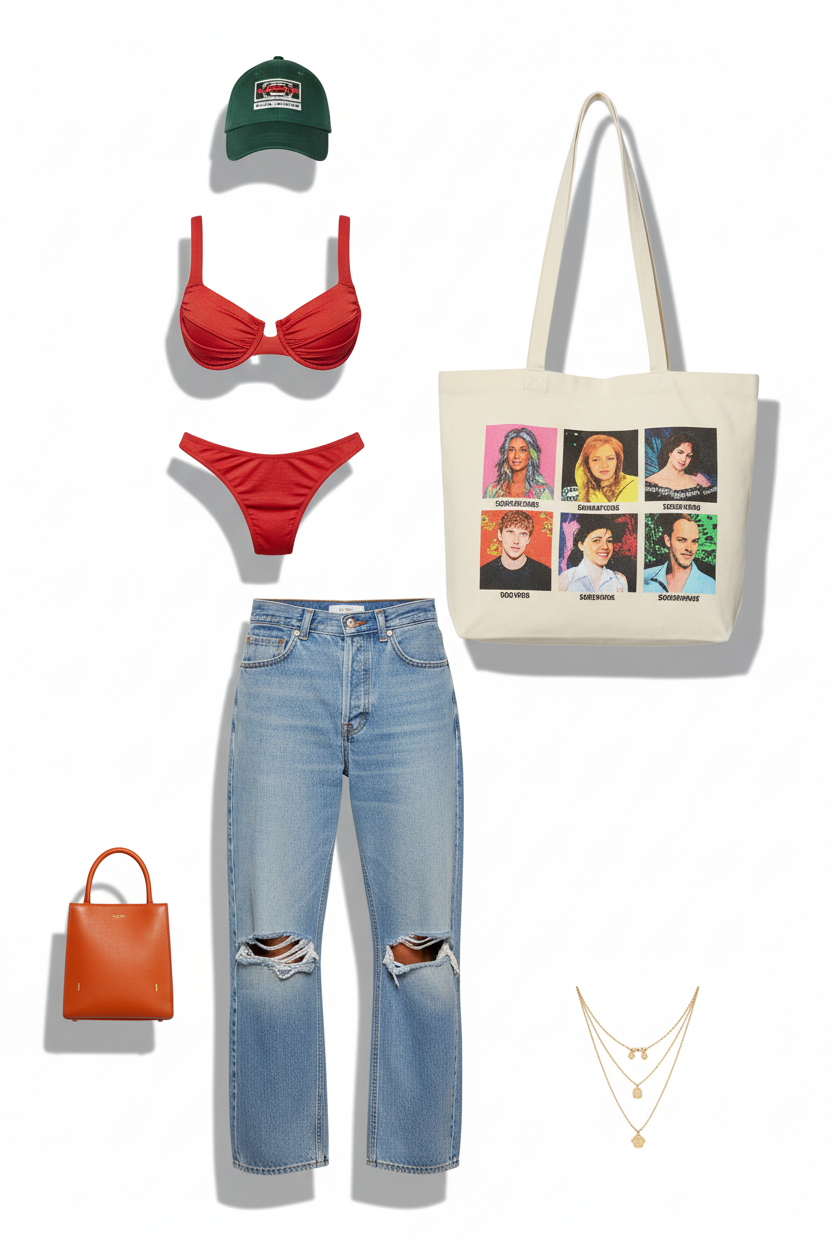Sporty beach day essentials outfit with red bikini and ripped jeans