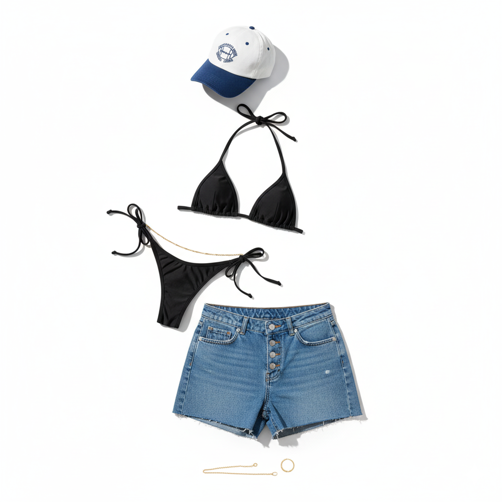 Minimal bikini and denim cutoffs outfit