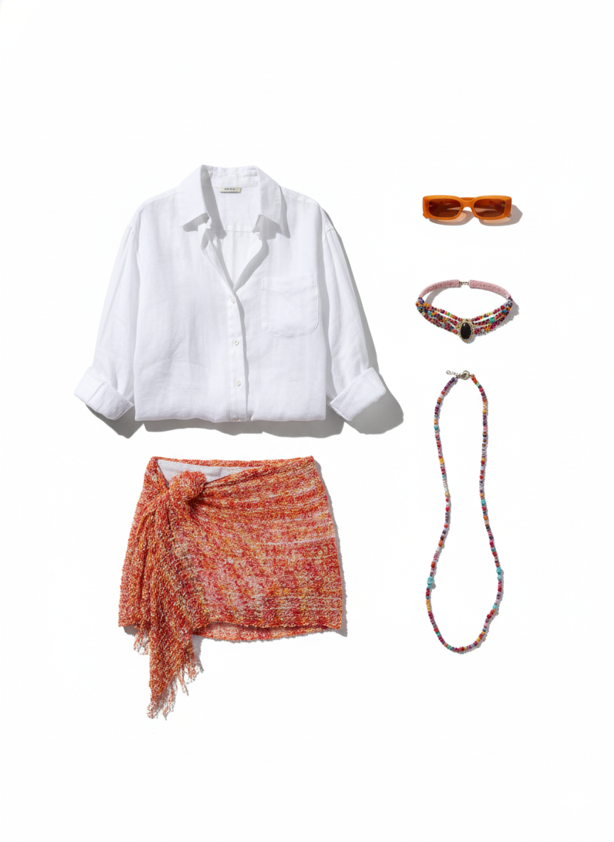Playful sarong and crisp linen outfit