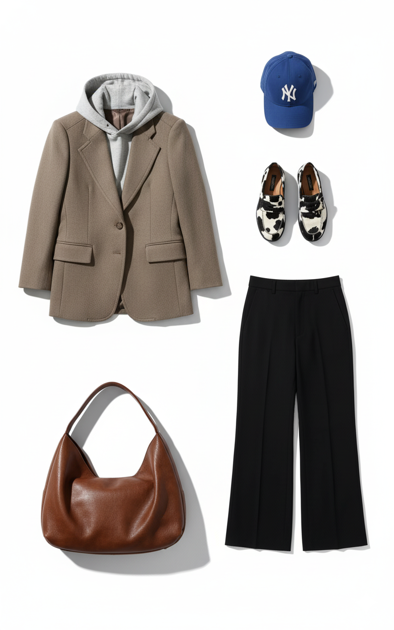 Blazer layering with sporty accents outfit