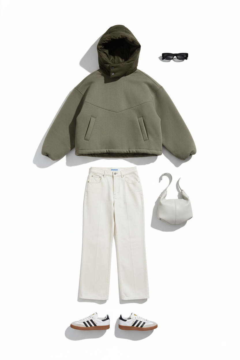 Minimal puffer chic outfit with olive puffer and off-white jeans