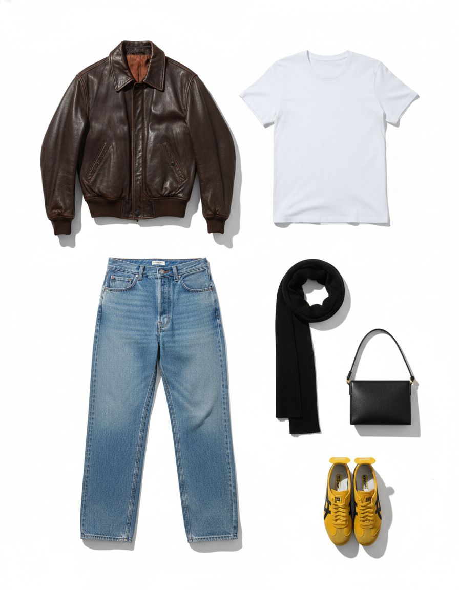 Classic leather jacket and bold sneakers outfit