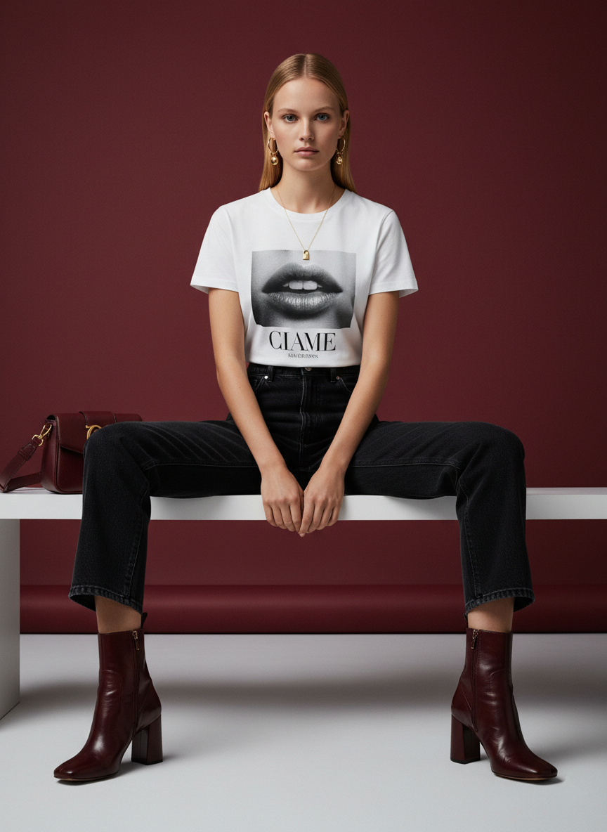 A crisp white statement T-shirt styled with black straight-leg jeans brings a modern, fashion-forward approach
