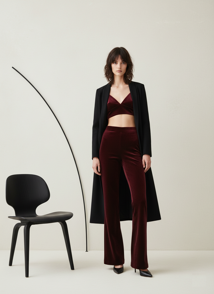 A burgundy velvet two-piece paired with a long black coat redefines Valentine's glamour