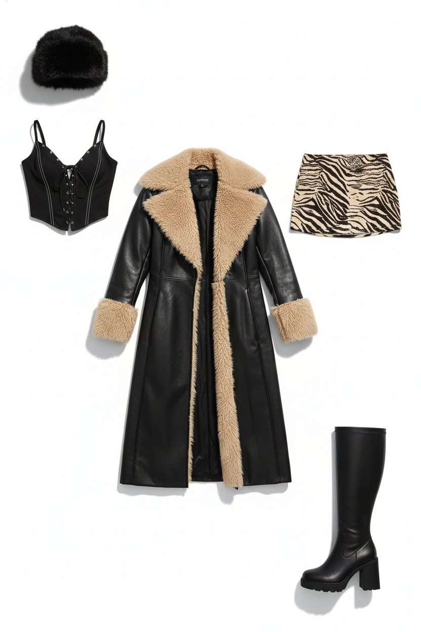 The Snow Queen Statement outfit with black coat and faux fur hat
