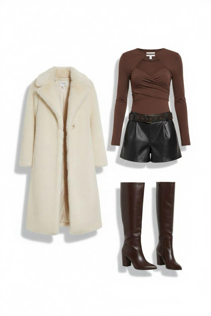 Cream Coat Power Moment outfit with leather shorts