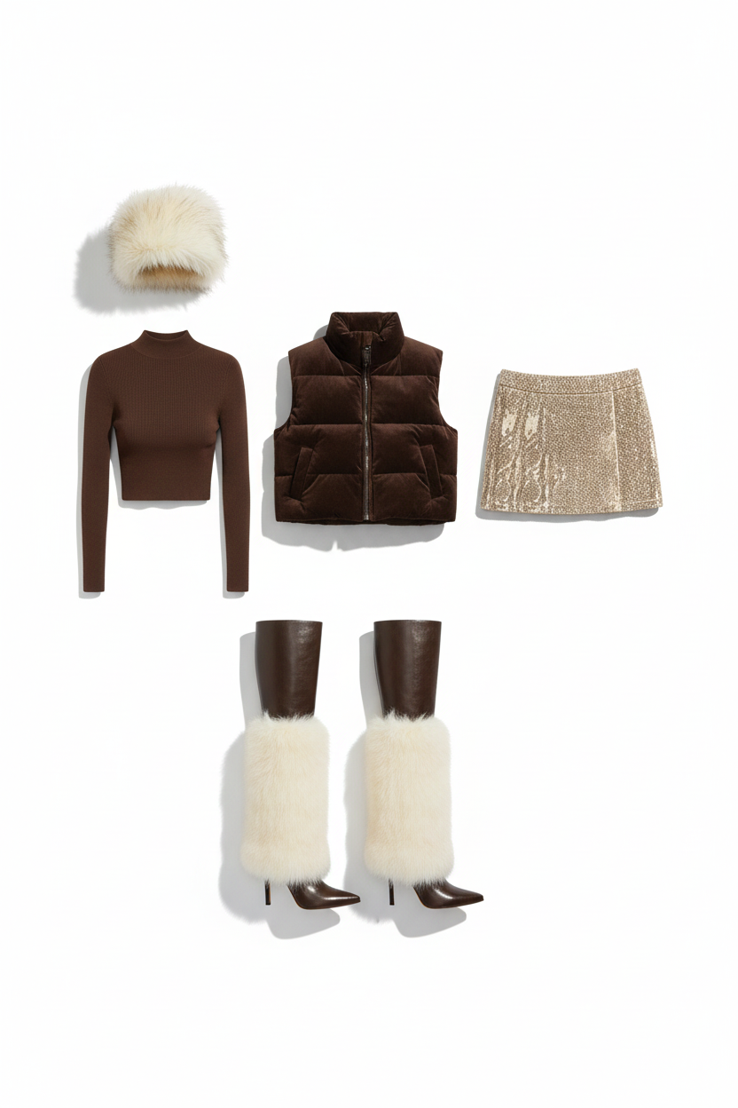 Après-Ski Glow Up outfit with gold skirt and furry boots