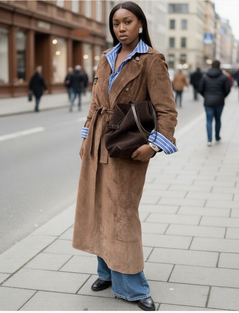 A suede trench and blue stripes — the ultimate combo for understated sophistication